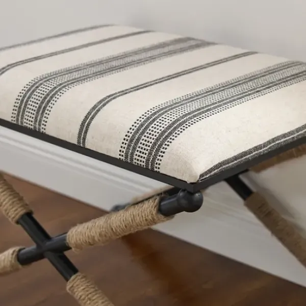 Benches & Ottomans-Kirkland's Home Black And White Striped Upholstered Ottoman Black/White