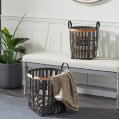 Baskets & Boxes-Kirkland's Home Black Bamboo Metal Woven Baskets, Set Of 2 Black/Brown