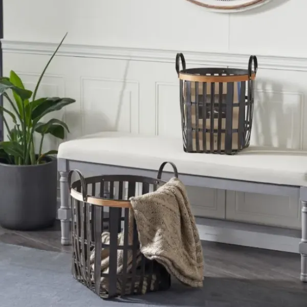 Baskets & Boxes-Kirkland's Home Black Bamboo Metal Woven Baskets, Set Of 2 Black/Brown