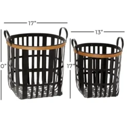 Baskets & Boxes-Kirkland's Home Black Bamboo Metal Woven Baskets, Set Of 2 Black/Brown