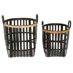 Baskets & Boxes-Kirkland's Home Black Bamboo Metal Woven Baskets, Set Of 2 Black/Brown