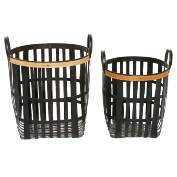 Baskets & Boxes-Kirkland's Home Black Bamboo Metal Woven Baskets, Set Of 2 Black/Brown