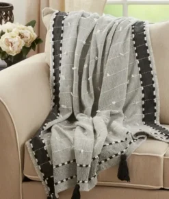 Blankets & Throws-Kirkland's Home Black Banded Tassel Edge Throw Black/White/Gray