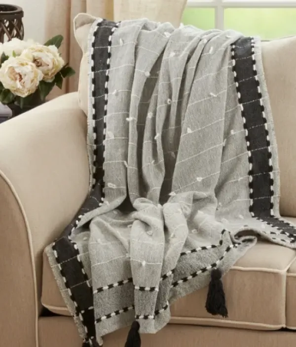 Blankets & Throws-Kirkland's Home Black Banded Tassel Edge Throw Black/White/Gray