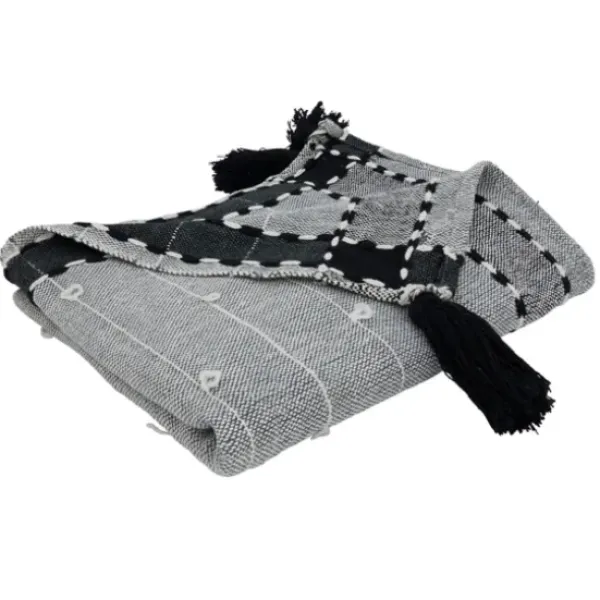 Blankets & Throws-Kirkland's Home Black Banded Tassel Edge Throw Black/White/Gray