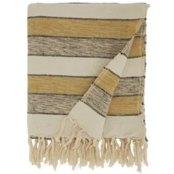 Blankets & Throws-Kirkland's Home Black Beige With Fringe Throw Blanket Yellow