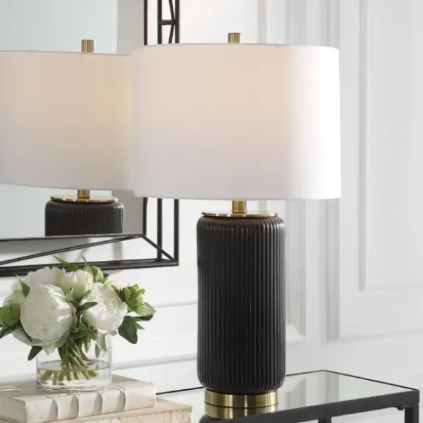 Table Lamps-Kirkland's Home Black Ceramic Ribbed Table Lamp White