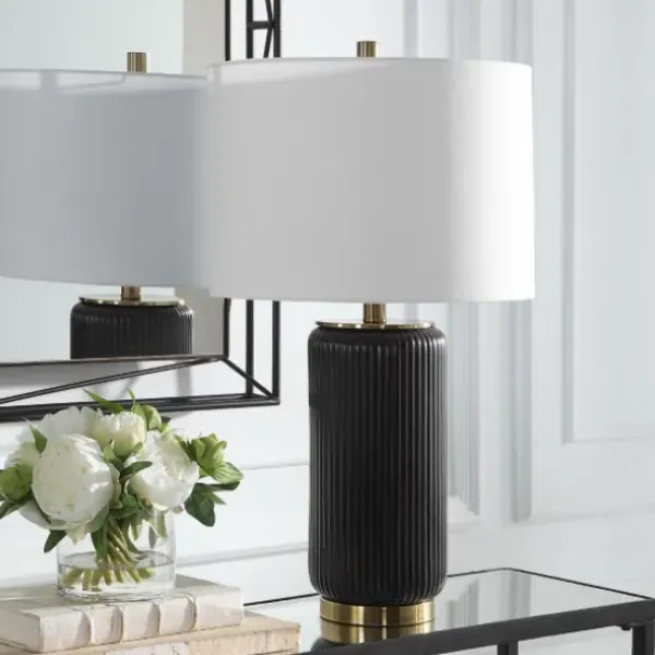 Table Lamps-Kirkland's Home Black Ceramic Ribbed Table Lamp White