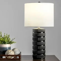 Table Lamps-Kirkland's Home Black Ceramic Stacked Lines Table Lamp White