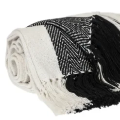 Blankets & Throws-Kirkland's Home Black Chalet Striped Fringe Throw Black/White
