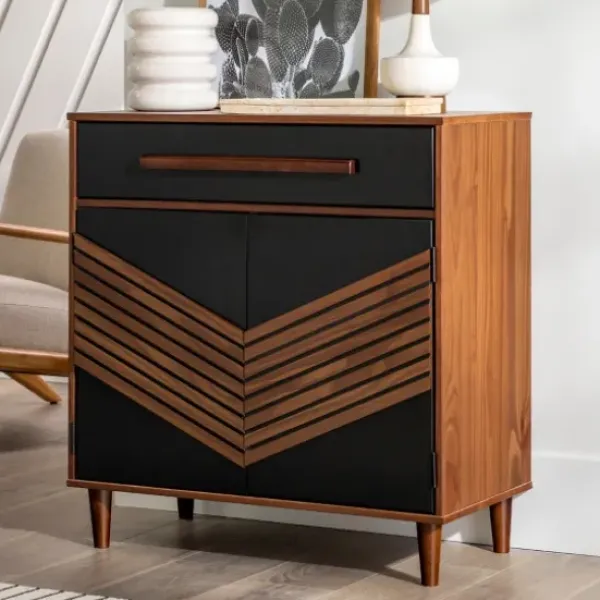 Cabinets & Sideboards-Kirkland's Home Black Chevron Wood Single Drawer Cabinet