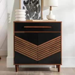 Cabinets & Sideboards-Kirkland's Home Black Chevron Wood Single Drawer Cabinet