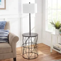Floor Lamps-Kirkland's Home Black Cross Caged Table Base Floor Lamp White