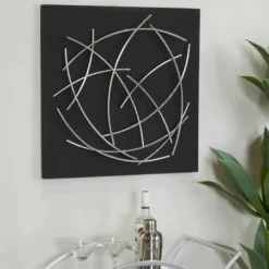 Wall Plaques-Kirkland's Home Black Frame Silver Abstract Lines Wall Plaque Black/Silver