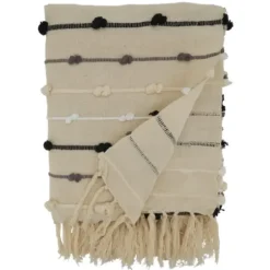 Blankets & Throws-Kirkland's Home Black Gray Dot Striped Throw Blanket Ivory