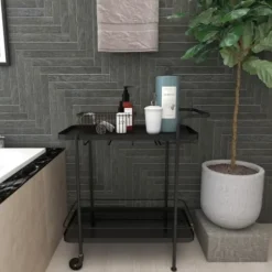 Kitchen Islands & Bar Carts-Kirkland's Home Black Iron And Glass Top Bar Cart