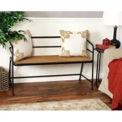 Benches & Ottomans-Kirkland's Home Black Iron And Wooden Seat Industrial Bench Black/Brown