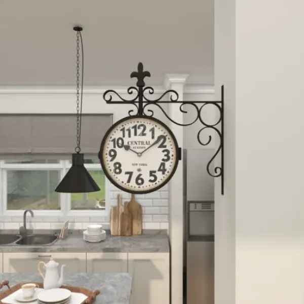 Clocks-Kirkland's Home Black Iron Double Sided Scroll Wall Clock