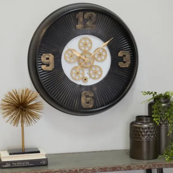Clocks-Kirkland's Home Black Iron Frame Bronze Numeral Wall Clock