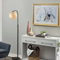 Floor Lamps-Kirkland's Home Black Metal And Frosted Glass Globe Floor Lamp Tan