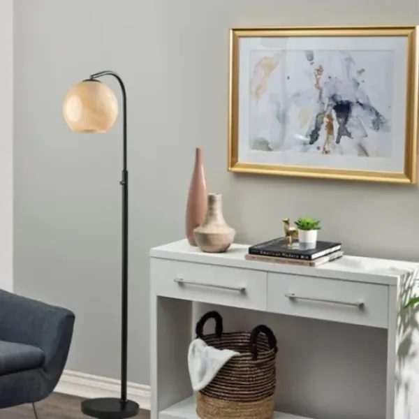 Floor Lamps-Kirkland's Home Black Metal And Frosted Glass Globe Floor Lamp Tan
