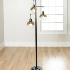 Floor Lamps-Kirkland's Home Black Metal And Glass 3-Arm Floor Lamp Gold