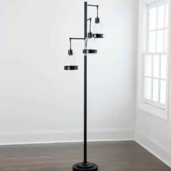 Floor Lamps-Kirkland's Home Black Metal And Glass Globe 3-Arm Floor Lamp Clear