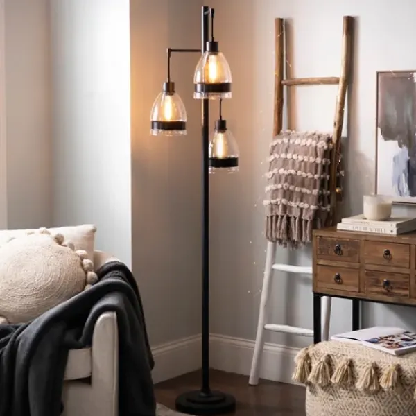 Floor Lamps-Kirkland's Home Black Metal And Glass Globe 3-Arm Floor Lamp Clear