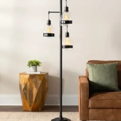 Floor Lamps-Kirkland's Home Black Metal And Glass Globe 3-Arm Floor Lamp Clear