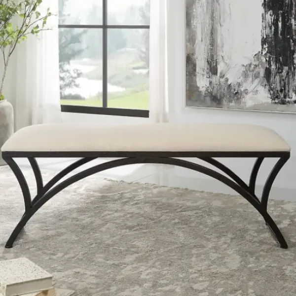 Benches & Ottomans-Kirkland's Home Black Metal Arched Frame Upholstered Bench Ivory