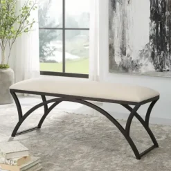 Benches & Ottomans-Kirkland's Home Black Metal Arched Frame Upholstered Bench Ivory