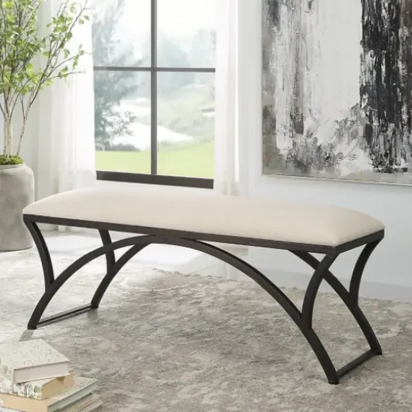 Benches & Ottomans-Kirkland's Home Black Metal Arched Frame Upholstered Bench Ivory