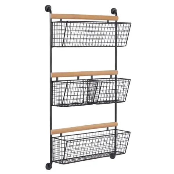 Wall Storage-Kirkland's Home Black Metal 4-Basket Wall Shelf