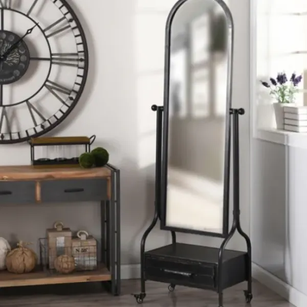 Full Length & Floor Mirrors-Kirkland's Home Black Metal Cheval Frame Mirror With Drawer