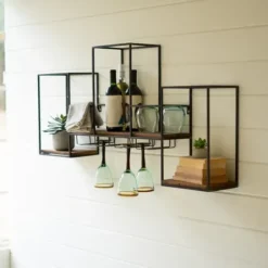 Shelves-Kirkland's Home Black Metal Cubed Wood With Wine Bar