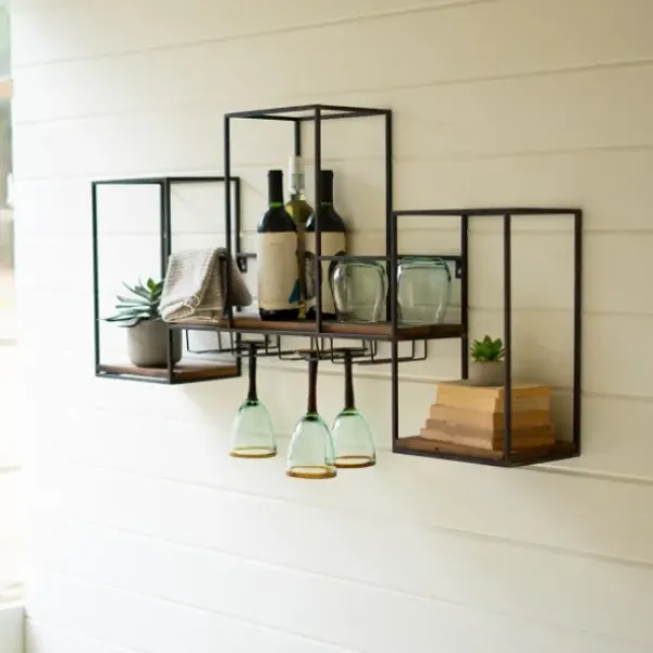 Shelves-Kirkland's Home Black Metal Cubed Wood With Wine Bar