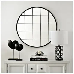Decorative Mirrors-Kirkland's Home Black Metal Grid Frame Round Wall Mirror