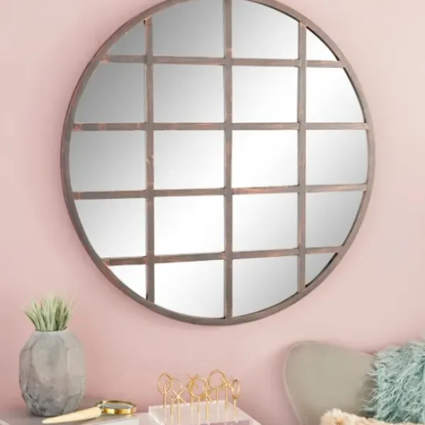 Decorative Mirrors-Kirkland's Home Black Metal Grid Overlay Round Mirror