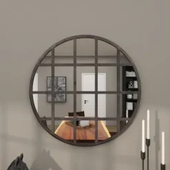 Decorative Mirrors-Kirkland's Home Black Metal Grid Overlay Round Mirror