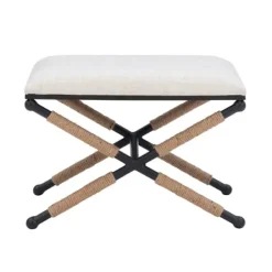 Benches & Ottomans-Kirkland's Home Black Metal Legs Accent Stool With Rope Detail White