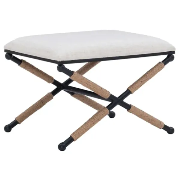 Benches & Ottomans-Kirkland's Home Black Metal Legs Accent Stool With Rope Detail White