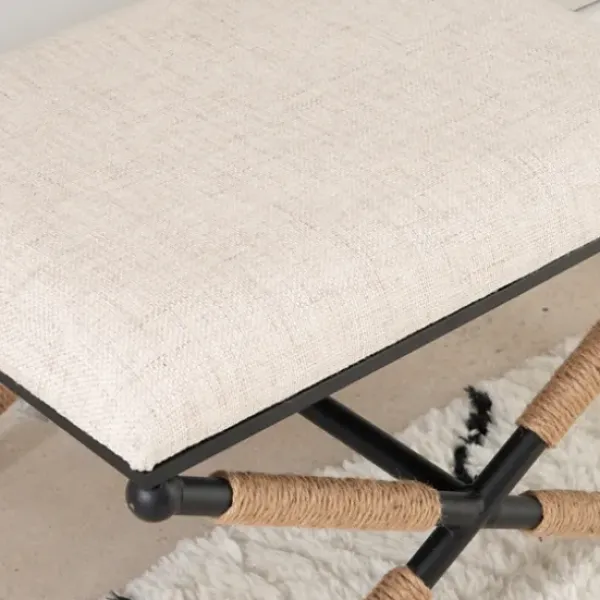 Benches & Ottomans-Kirkland's Home Black Metal Legs Accent Stool With Rope Detail White