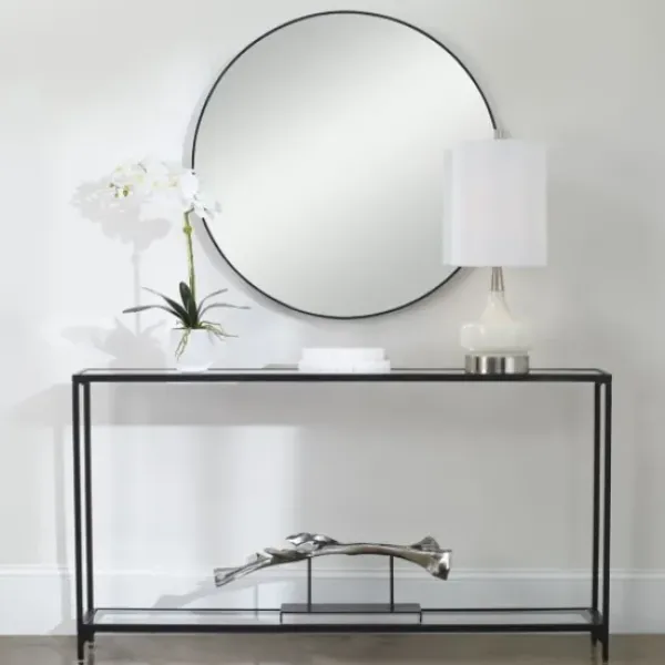 Console Tables-Kirkland's Home Black Metal Mirrored Top Console Table