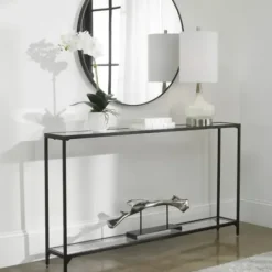 Console Tables-Kirkland's Home Black Metal Mirrored Top Console Table