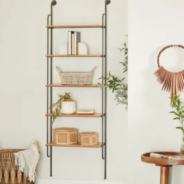 Shelves-Kirkland's Home Black Metal Pipe Frame Brown Wood Wall Shelf