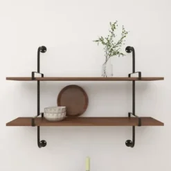 Shelves-Kirkland's Home Black Metal Pipe Two-Tier Wall Mounted Shelf