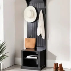 Entryway Furniture-Kirkland's Home Black Pine Wood Grooved Hall Tree