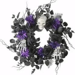 Wreaths-Kirkland's Home Black Purple Leaves Skull Hands Halloween Wreath