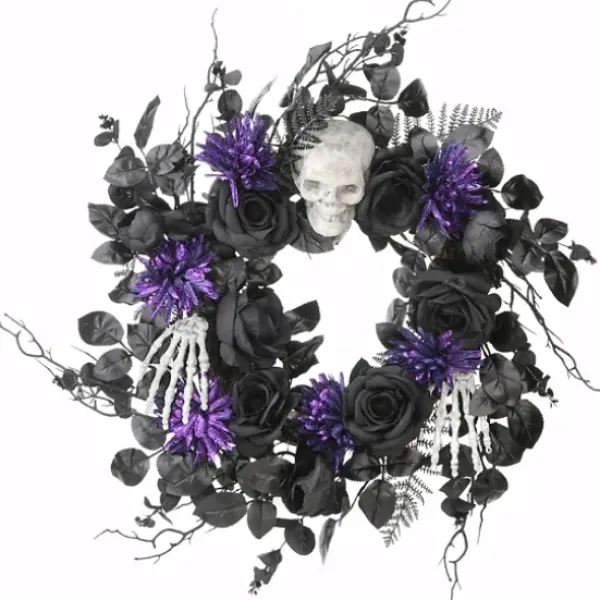 Wreaths-Kirkland's Home Black Purple Leaves Skull Hands Halloween Wreath