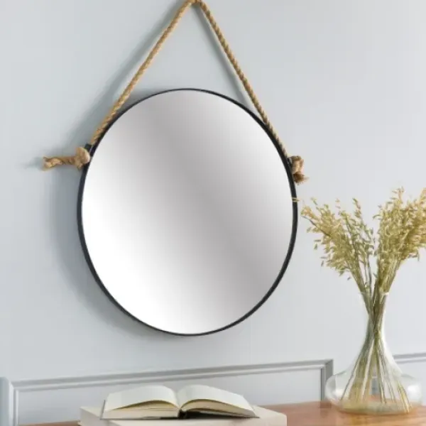 Framed Mirrors-Kirkland's Home Black Round Framed Mirror With Rope, 24 In.